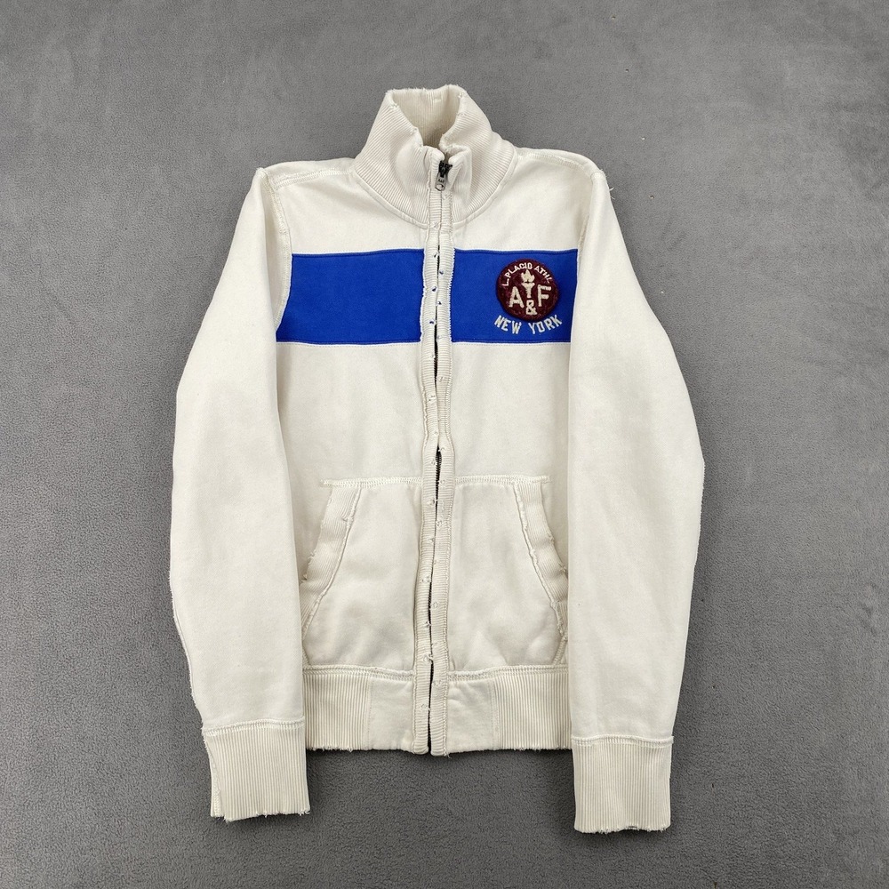 Mens Abercrombie & Fitch Full Zip Muscle Sweatshirt White Blue Stripe Small